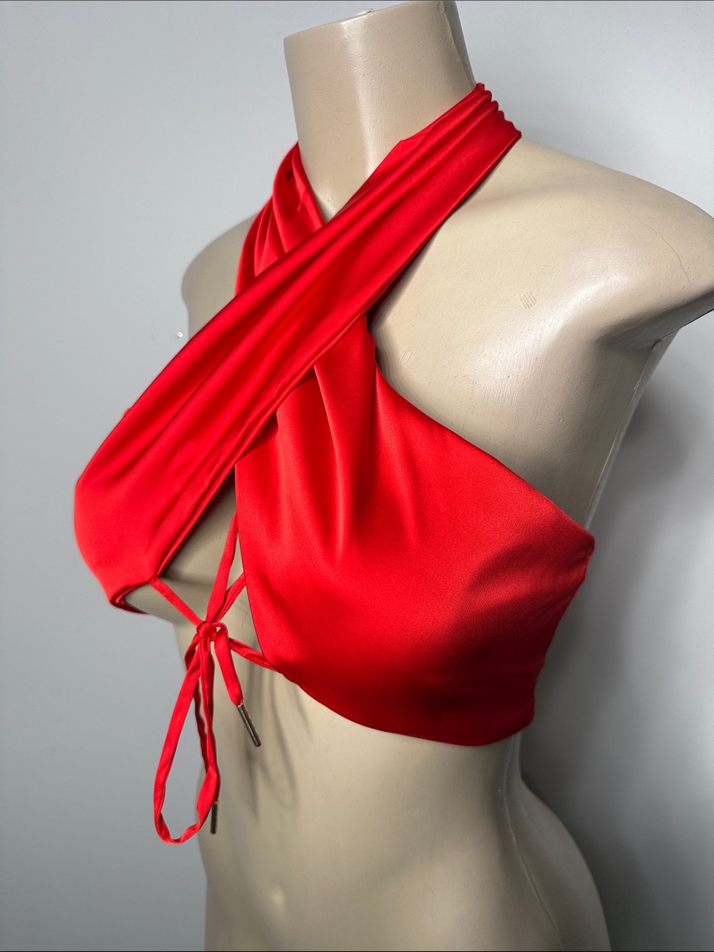 Red Satin Cross-Front Tie Bandeau Halter Top - Picture 2 of 5